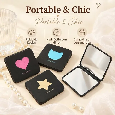 Portable Folding Makeup Mirror Double Sided Compact Handheld Mirror With Hot Stamping Heart Star Pattern Fashion Beauty Travel Pocket Mirror For Women