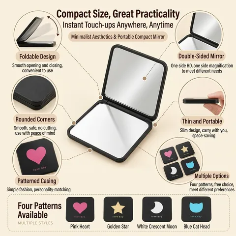 Portable Folding Makeup Mirror Double Sided Compact Handheld Mirror With Hot Stamping Heart Star Pattern Fashion Beauty Travel Pocket Mirror For Women