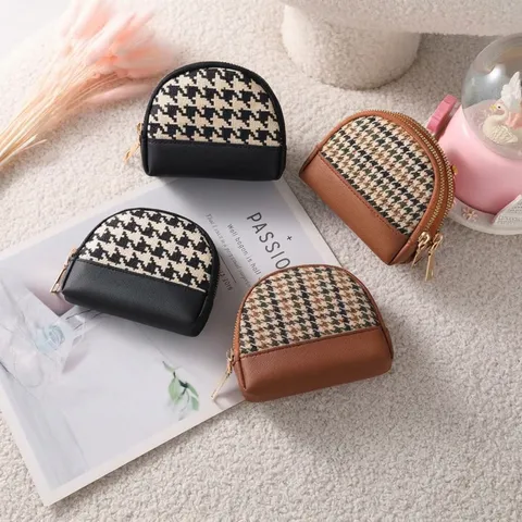 Mini Coin Purse Small Wallet Women Fabric Houndstooth And PU Leather Zip Pouch With Key Ring For Card Lipstick Organizer
