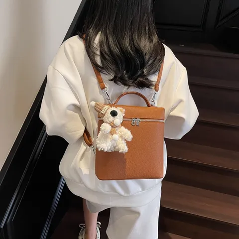 Damen Mode Litschimuster PU Leder Rucksack Casual Schule Reise Daypack Mit Süßem Plüsch Bär Anhänger