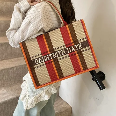 Damen Mode Canvas Tragetasche Große Kapazität Pendler Einkaufstasche Vertikal Gestreift Stickerei Griff Schultertasche