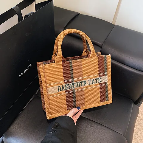 Damen Mode Canvas Tragetasche Große Kapazität Pendler Einkaufstasche Vertikal Gestreift Stickerei Griff Schultertasche