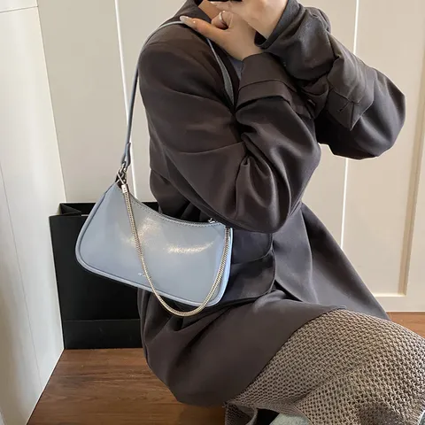 Damen Casual Weichleder Achseltasche Nische Kette Handtasche Mode Einfarbig Umhängetasche