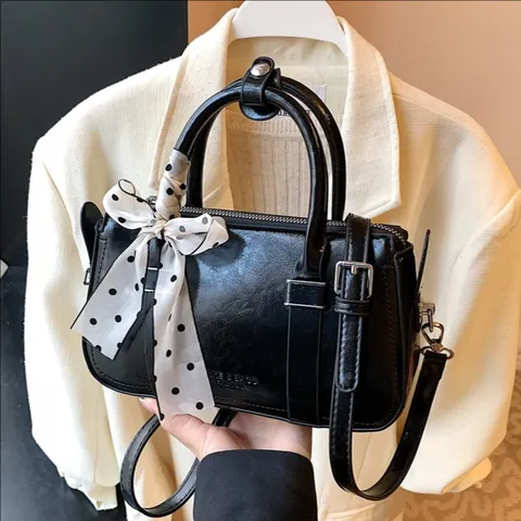Damen PU Leder Top Handle Umhängetasche Vintage Casual Commuter Kleine Quadratische Tasche Mit Pünktchen Seidenschal