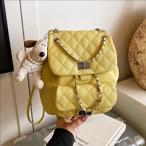Damen Mode Gesteppt PU Leder Rucksack Kette Klein Reise Daypack