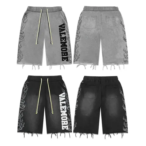 Herren High Street Washed Cotton Casual Shorts Distressed Offene Kanten Buchstaben Bestickt Flammen Druck Lockere Gerade Shorts Unisex
