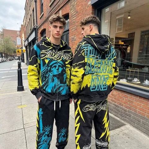 Women Men's High Street Distressed Zip Up Hoodie God Statue Printed Washed Cotton Sweatpants Casual Set Streetwear Graphic Sweatshirt Top And Bottom