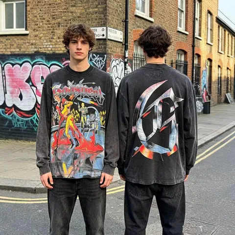 Men's Vintage Washed Cotton Long Sleeve T-Shirt Casual Loose Retro Graphic Print High Street Top