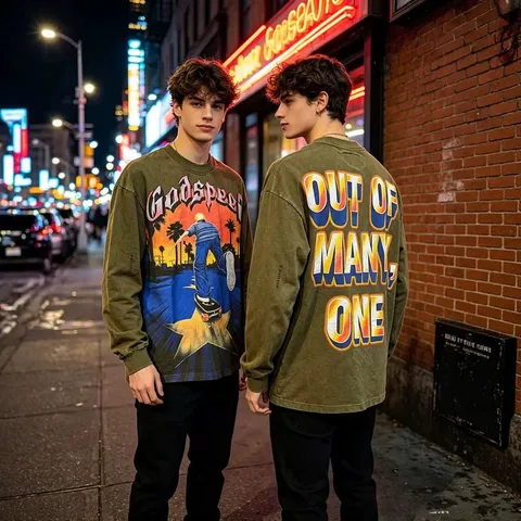 Men's Vintage Washed Cotton Long Sleeve T-Shirt Casual Loose Retro Graphic Print High Street Top