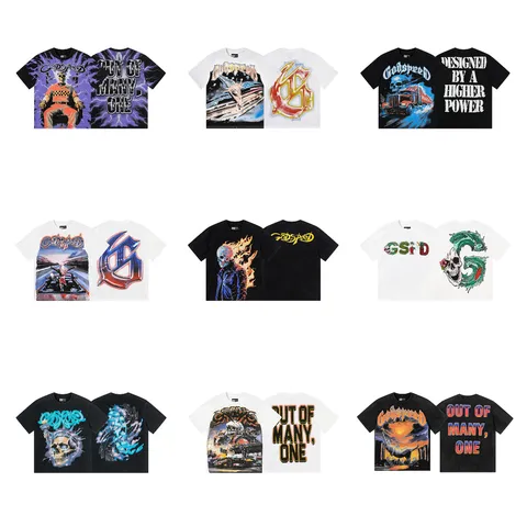 Unisex High Street Washed Cotton T-Shirt Vintage Godspeed Graphic Print Skull Short Sleeve Loose Top Retro Streetwear