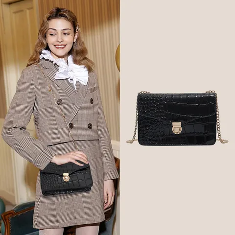 Femme PU Cuir Sac Bandoulière Vintage Motif Pierre Chaîne Sac d'Épaule Petit Carré Rabat Sac Femme Quotidien Sac à Main