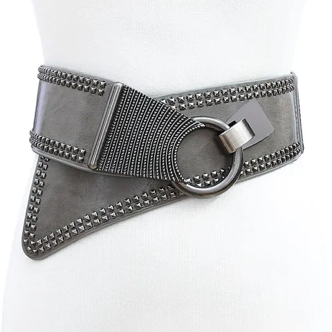 Femmes Style Punk Faux Cuir Large Ceinture de Taille Rivets en Métal Élastique Corset Ceinture Accessoire de Mode
