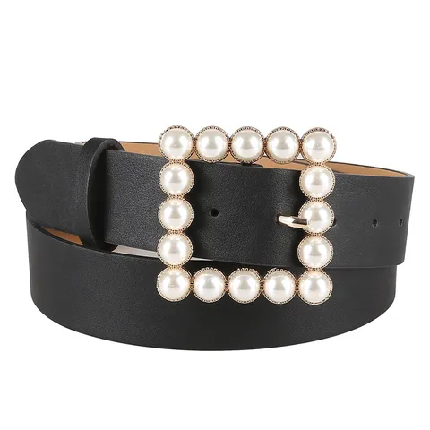 Ceinture Femme Cuir Synthétique Élégante Boucle Carrée Perle Ceinture Taille Casual Boucle Métal Doré Robe Ceinture