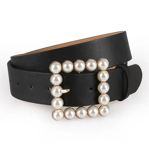 Ceinture Femme Cuir Synthétique Élégante Boucle Carrée Perle Ceinture Taille Casual Boucle Métal Doré Robe Ceinture