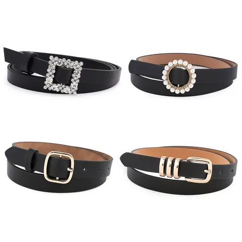 Ceinture Fine en Cuir PU Décontractée pour Femmes Ceinture Vintage avec Boucle en Métal Perle et Strass Accessoires de Mode