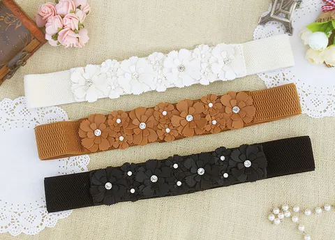 Ceinture Élastique Femme Douce Cuir PU Strass Floral Robe Décorative Bande de Taille Accessoires de Mode
