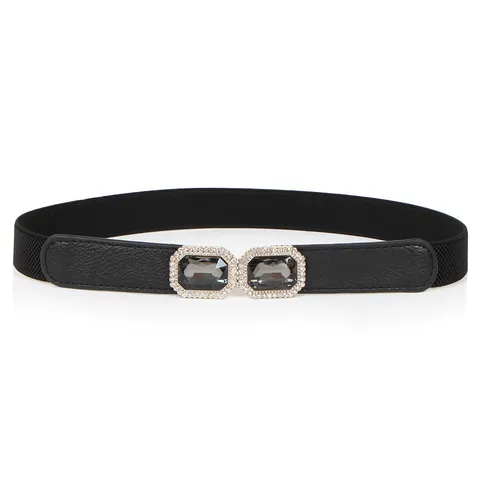 Ceinture Élastique de Mode pour Femmes Boucle Double Strass Bande Stretch Robe Ceinture Décorative Cuir Synthétique