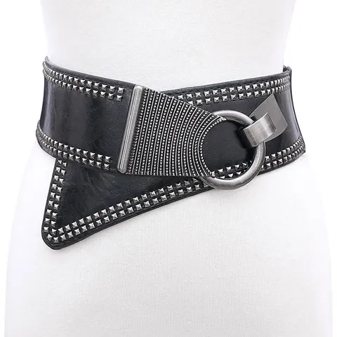 Femmes Style Punk Faux Cuir Large Ceinture de Taille Rivets en Métal Élastique Corset Ceinture Accessoire de Mode