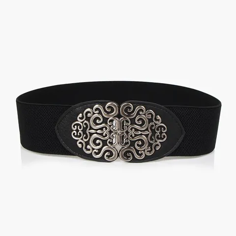 Femmes Rétro Élastique Large Bande de Taille Vintage Métal Sculpté Boucle Ceinture Extensible pour Robe Manteau Mode Ceinture Corset