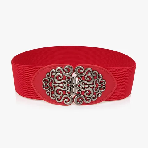 Femmes Rétro Élastique Large Bande de Taille Vintage Métal Sculpté Boucle Ceinture Extensible pour Robe Manteau Mode Ceinture Corset