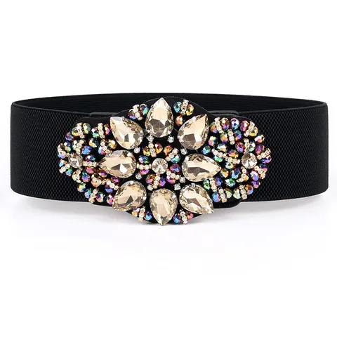 Femme Mode Strass Fleur Large Ceinture de Taille Élastique Ceinture Corset Fausse Cuir Robe Ceinture Décorative