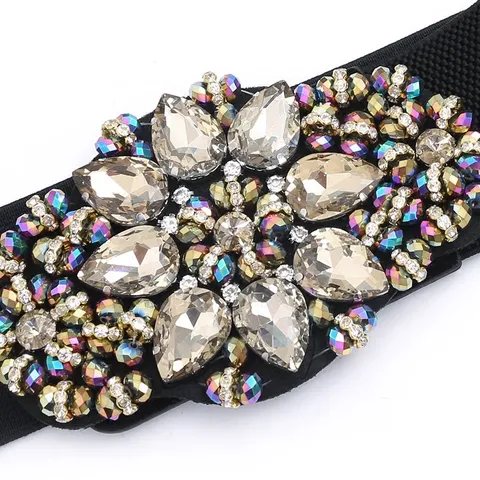 Femme Mode Strass Fleur Large Ceinture de Taille Élastique Ceinture Corset Fausse Cuir Robe Ceinture Décorative