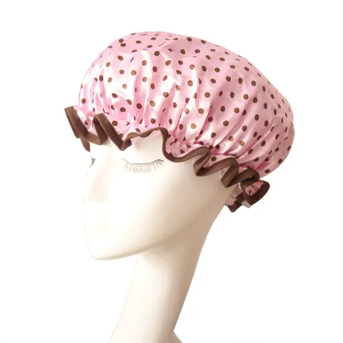Double Layer Waterproof Shower Cap Cute Polka Dot Print Satin Bath Cap Elastic Hair Protection Cap For Women Bathroom