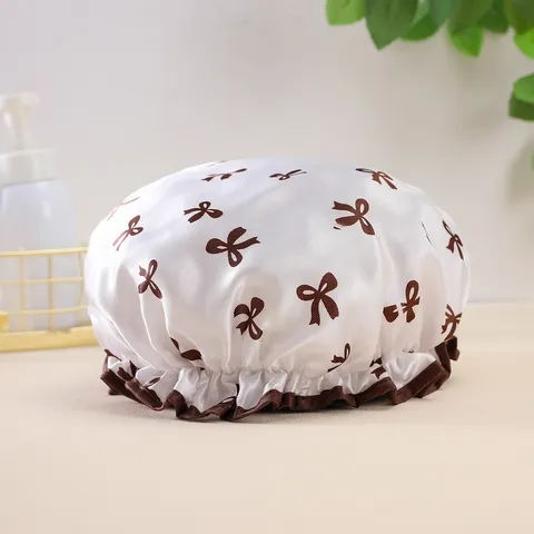 Double Layer Satin Waterproof Shower Cap Cute Bow Print Elastic Bath Cap Women Hair Cover Bathing Accessories