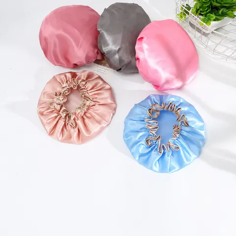 Satin Waterproof Shower Cap Double Layer Bath Cap Elastic Hair Salon Cap Spa Hair Care Cap For Women