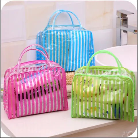Large Waterproof PVC Clear Wash Bag Portable Travel Cosmetic Makeup Storage Bag With Striped Design For Women
