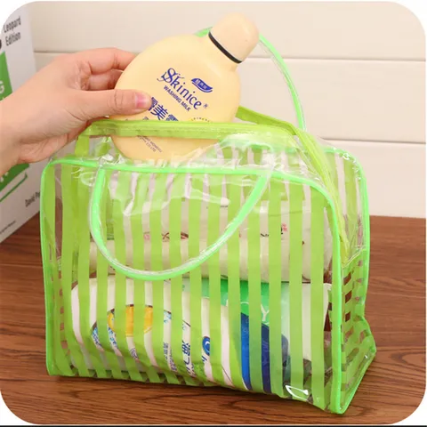 Large Waterproof PVC Clear Wash Bag Portable Travel Cosmetic Makeup Storage Bag With Striped Design For Women