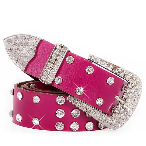 Ceinture en Cuir de Vachette Fendu Mode pour Femmes Incrusté de Strass Boucle Ardillon en Alliage Ceinture Décontractée