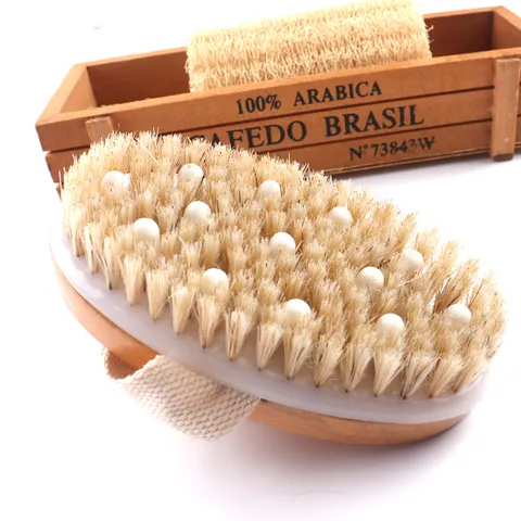 Cepillo de Baño de Madera Natural con Cerdas de Jabalí Exfoliante Corporal con Puntos de Masaje y Correa de Mano para Ducha Limpieza Diaria