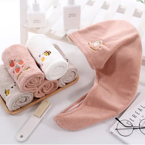Cute Cartoon Embroidery Coral Fleece Dry Hair Cap Super Absorbent Quick Drying Soft Head Towel For Women Home Bathroom