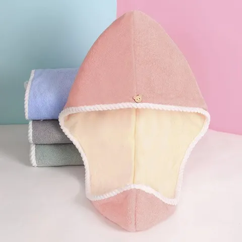 Coral Fleece Quick Drying Dry Hair Cap Double Layer Thickened Absorbent Hair Towel Wrap With Cute Bear Button For Women Bathroom