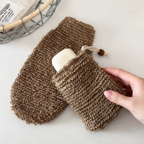 Natural Jute Soap Pouch Exfoliating Soap Saver Bag Mesh Foaming Net With Drawstring And Wooden Bead For Bathroom