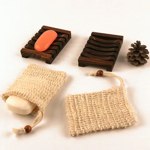 Natural Cotton Linen Soap Pouch And Wooden Soap Dish Drainage Holder Bathroom Soap Storage Set Eco Friendly