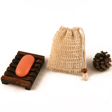 Natural Cotton Linen Soap Pouch And Wooden Soap Dish Drainage Holder Bathroom Soap Storage Set Eco Friendly