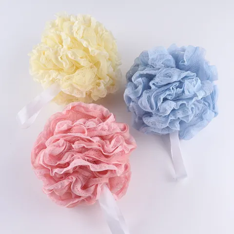 Large Lace Edge Bath Sponge Soft Mesh Shower Puff Body Scrubber With Hanging Ribbon For Daily Bath