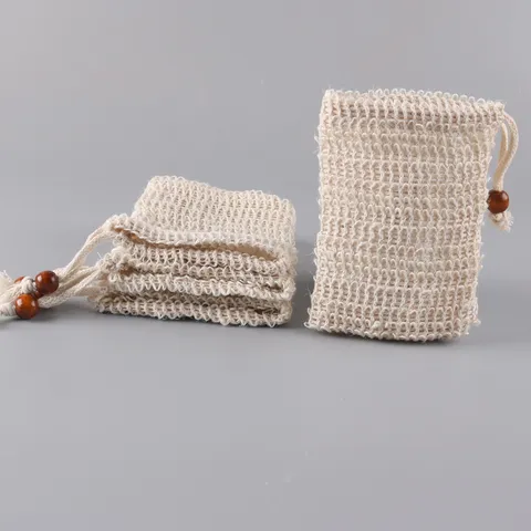 Natürliches Baumwolle Leinen Seifennetz Beutel Umweltfreundlich Handgemachte Reinigungs Mesh Tasche Mit Holzperle Kordelzug