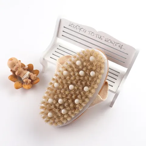 Cepillo de Baño de Madera Natural con Cerdas de Jabalí Exfoliante Corporal con Puntos de Masaje y Correa de Mano para Ducha Limpieza Diaria