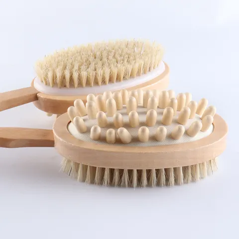 Wooden Long Handled Bath Brush Natural Boar Bristle Double Sided Body Massage Scrubbing Tool For Skin Exfoliating