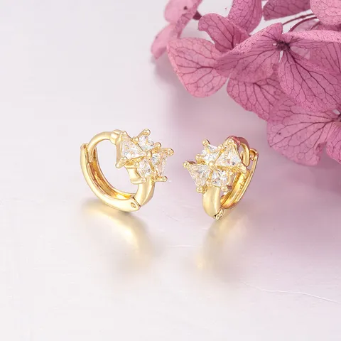 Pendientes de Aro de Aleación de Cobre Elegantes con Flor de Cuatro Pétalos Geométricos y Strass Chapado en Oro 18K 14K Joyería para Mujer
