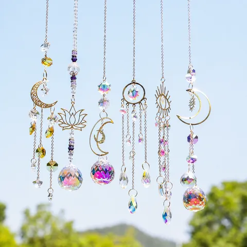 Ensemble de Carillons Éoliens Capteur de Soleil en Cristal Doré Lune Lotus Mauvais Oeil Ornement Suspendu pour Jardin Extérieur Maison