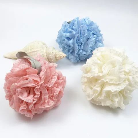Style Coréen Dentelle PE Maille Éponge De Bain Grande Douche Souple Bouffée Avec Sangle Suspendue Pour Salle De Bains Nettoyage Corporel Quotidien
