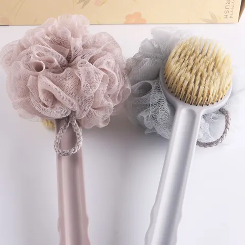 Long Handle Bath Brush 2-In-1 Soft Bristle Scrubbing Brush With Bath Ball Back Scrubber For Shower Body Cleaning Tool