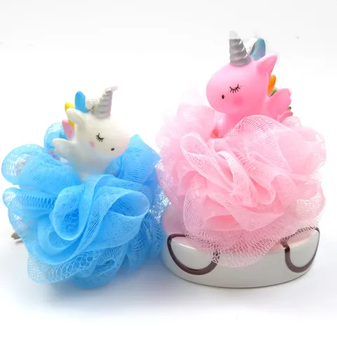 Mignon Éponge de Bain Animal de Dessin Animé Avec Figurine en Résine Maille PE Douce Boule de Douche Loofah pour Nettoyage Corporel Salle de Bains Maison
