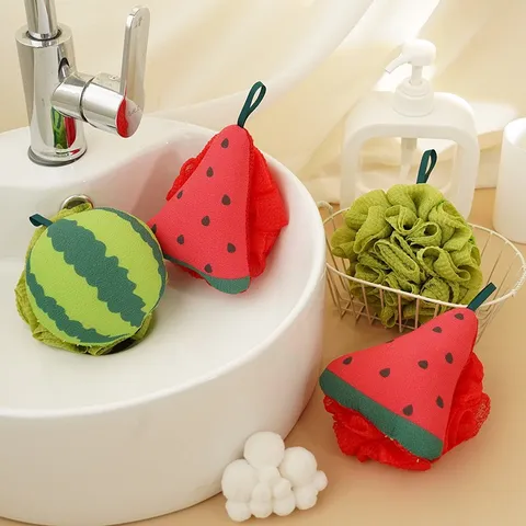 Éponge de Bain Pastèque Dessin Animé Mignon Chat Serviette Exfoliante Pouf en Filet Épurateur Boule de Douche Corps