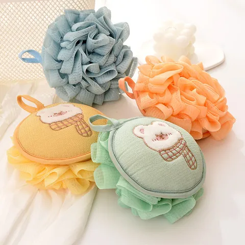 Korean Style Cute Bear Embroidery Bath Sponge Soft PE Mesh Exfoliating Bath Ball With Lanyard Bathroom Use