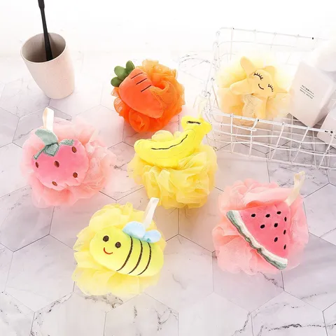 Korean Style Cute Cartoon Fruit Bath Sponge Soft Mesh Bath Ball With Hanging Strap Shower Body Cleaning Puff For Women